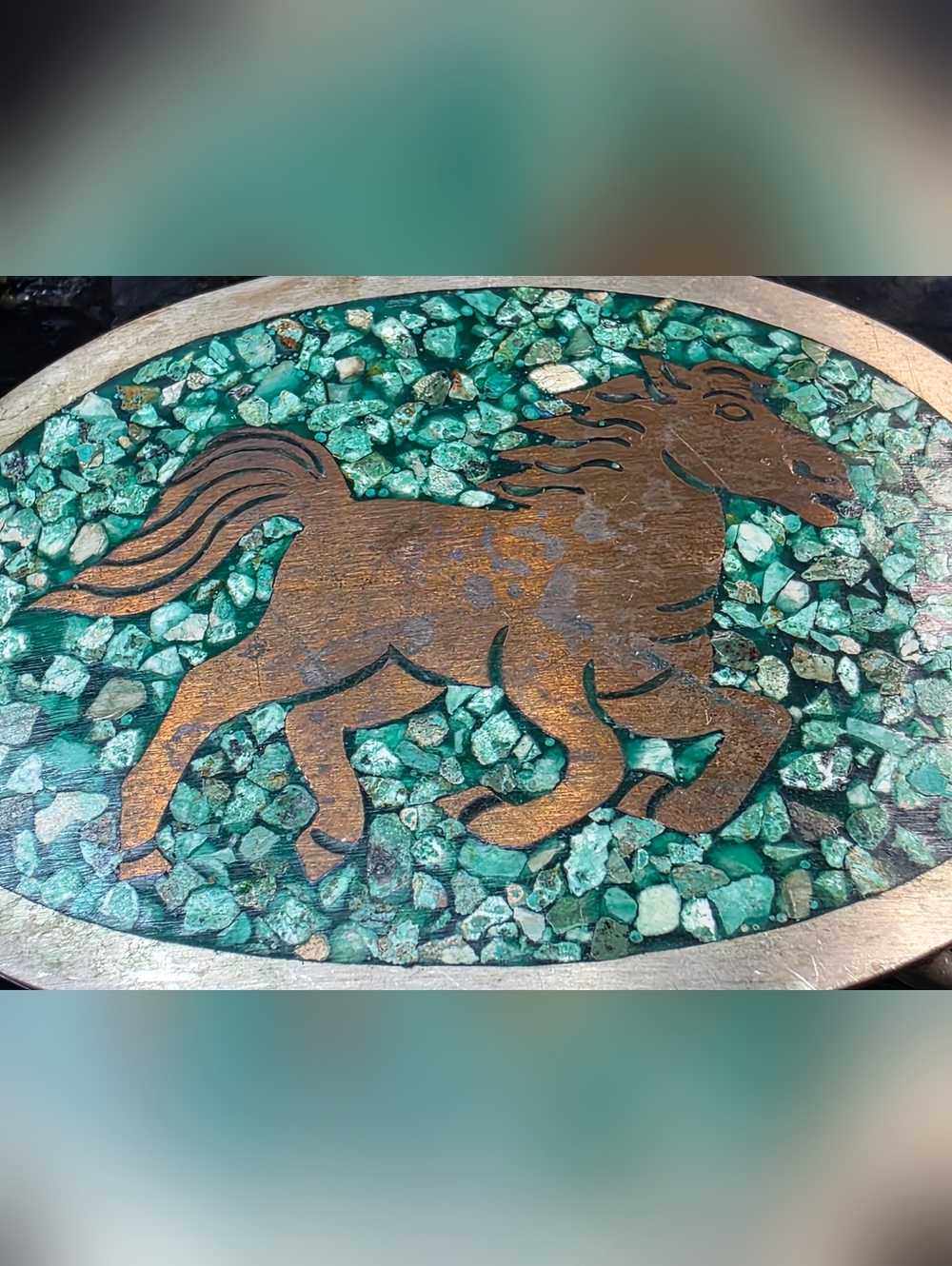 VTG Mexican Sterling Silver Horse Belt Buckle|Turquoise Chip Inlay 925 Unisex
